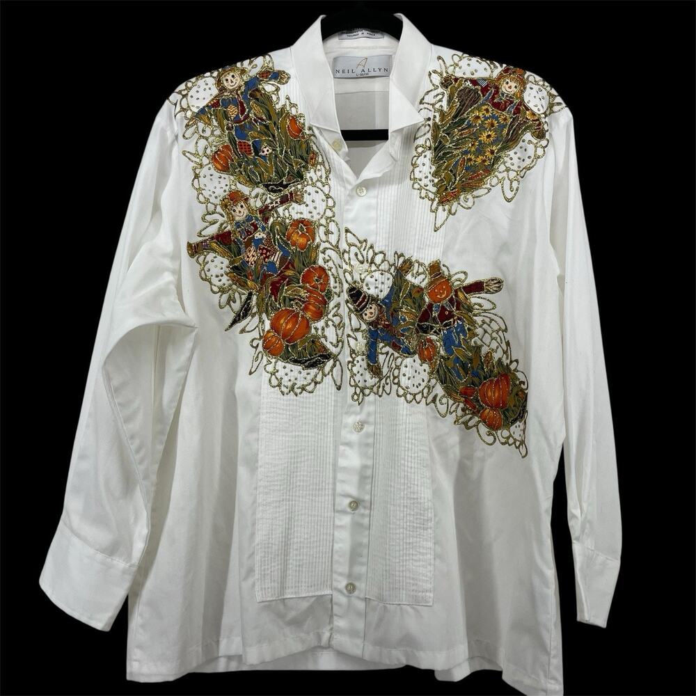 Neil‎ Allyn Size L 32/33 Halloween Tuxedo Shirt Canvas Pumpkins Scarecrow Gold
